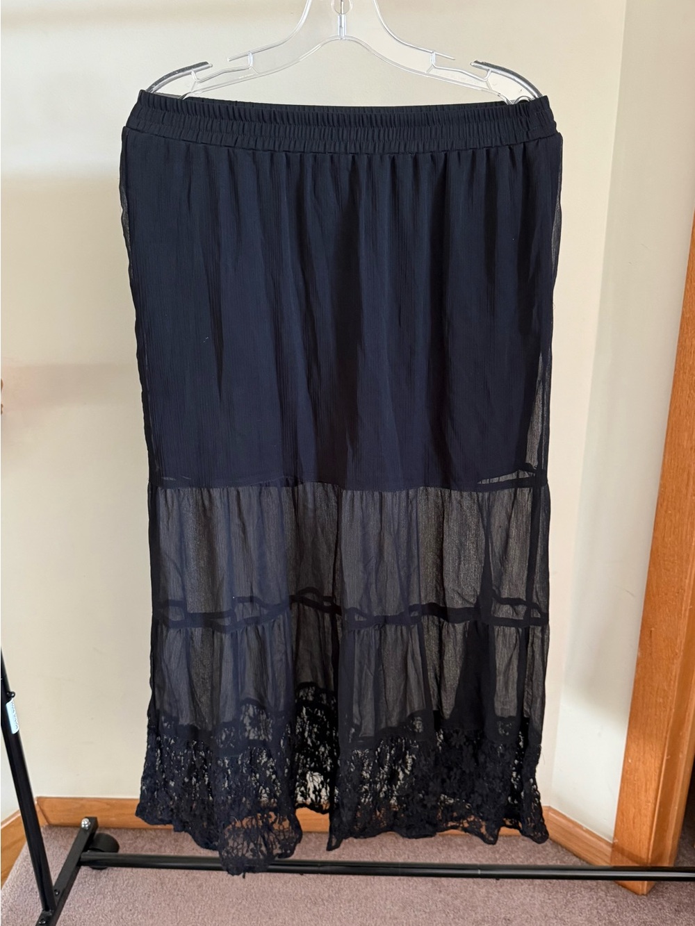 Y2K Black Sheer Lace Hem Maxi Skirt